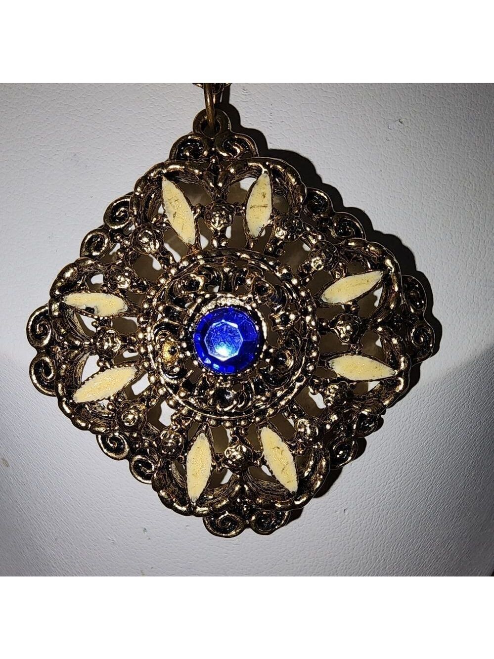 Gold and Blue Pendant Necklace 38" - Picture 3 of 6